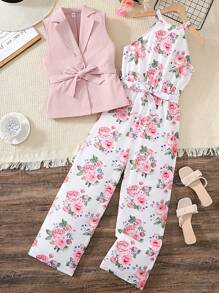 SHEIN Leap Crew 2 件套少女粉色优雅玫瑰花卉印花连体裤和西装背心