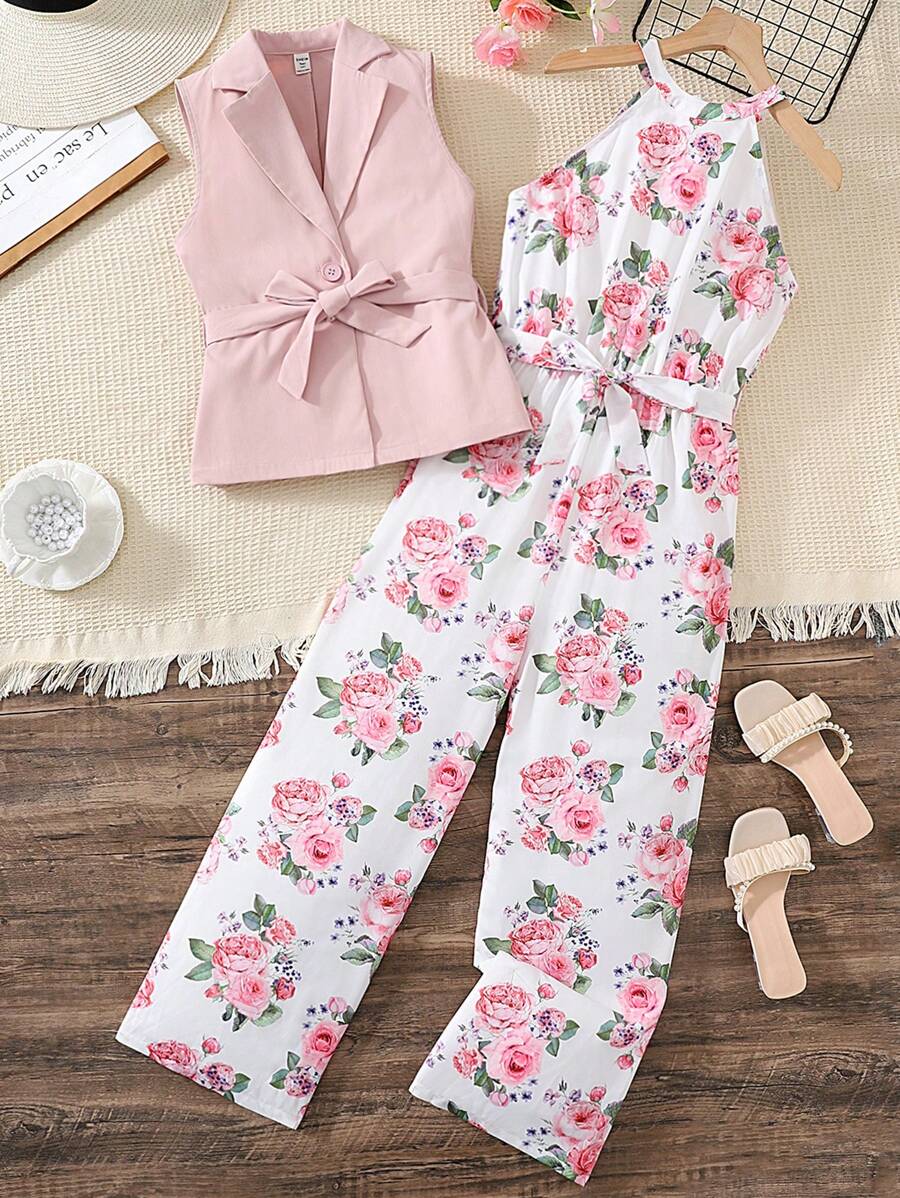 SHEIN Leap Crew 2 件套少女粉色优雅玫瑰花卉印花连体裤和西装背心