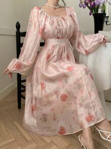 DAZY Vestido floral de gasa con escote cuadrado, mangas farol, cintura recogida y fluido para vacaciones de verano