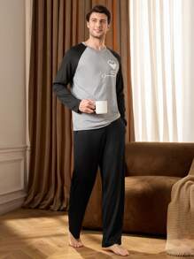 2pcs Men's Color Block Raglan Sleeve Top And Pants Loungewear Set