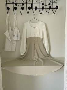 DAZY 女士撞色铆钉中长款中长连衣裙，秋季连衣裙长袖连衣裙