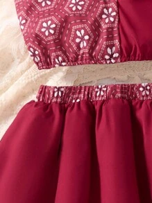 青少年女孩传统文化堆叠设计上衣 + 泡泡裙 2 件套 - 酒紅色 - 查看 5