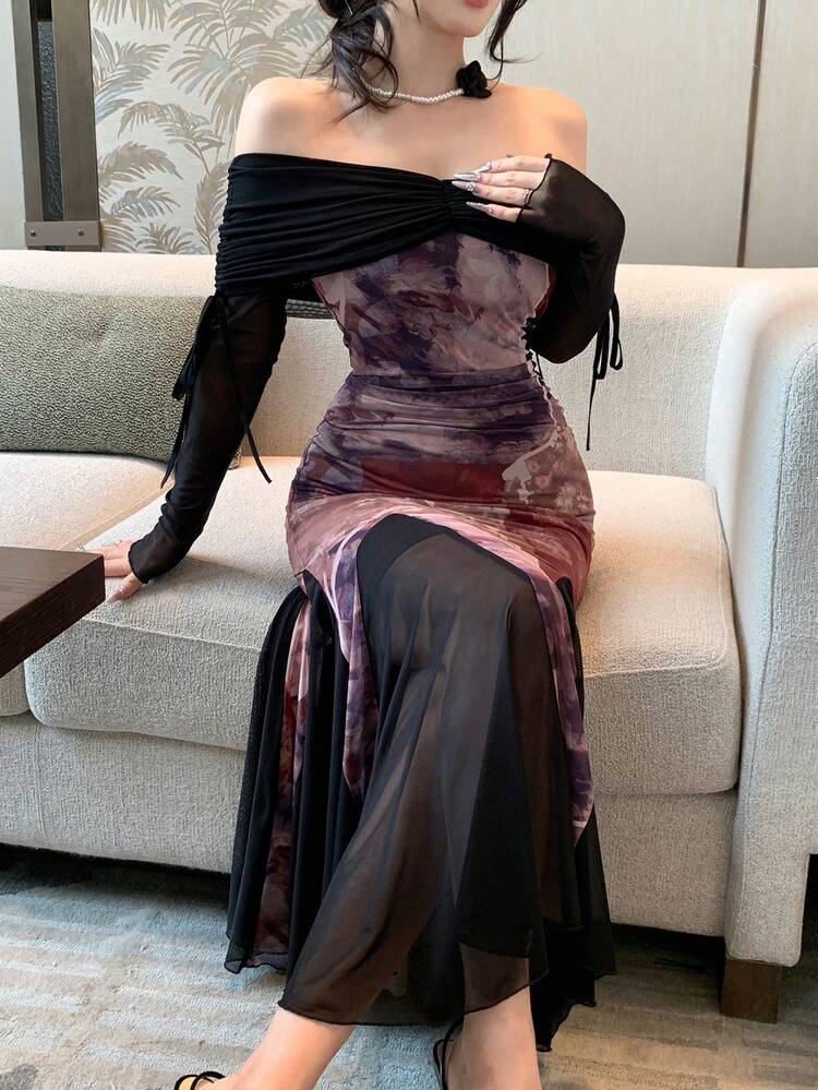 Women's Floral Print Mesh Contrast Panel Off Shoulder Mermaid Hem Midi Dress,Blackness,Autumn,Elegant,Party,Long Sleeve Prom Dress For Wedding,Date