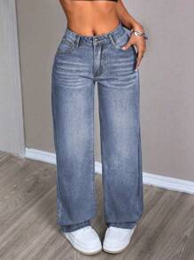 SHEIN PETITE 女士寬鬆休閒直筒牛仔褲，附口袋 - 深色水洗藍 - 查看 4