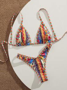 Swim Vcay Women's Elegant Boho Floral Retro Print Shiny Satin Fabric Halter Triangle Bikini Set, 2026 Glitter Sequined Trim Multi-Color Figure-Flattering High Cut Cheeky Two Pieces Swimwear With Braided Straps, Casual Bohemian Sparkle Texture Bikini For Summer Vacation Resort Wear, Holiday Outfits Pool Party Shimmery Boho Beachwear For Women - Multicolor - View 5