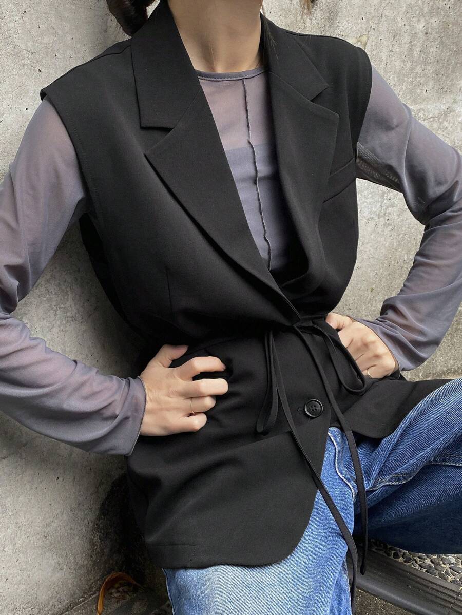 FRIFUL Women Casual Solid Color Wide Strap Suit Vest Women Blazers - Black - View 1