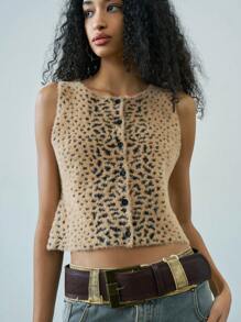 SHEIN EZwear Women's Leopard Print Simple Everyday Sleeveless Knitted Vest Cardigan - Multicolor - View 4