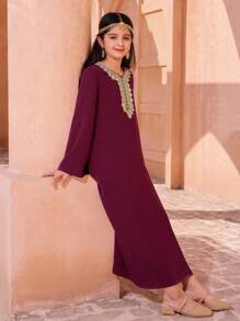 Tween Girl Elegant Lace Trim Long Dress - Burgundy - View 5