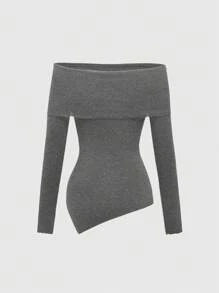 ROMWE Goth Minimalist Romantic Off Shoulder Sexy Asymmetrical Hem Fitted Women Sweater