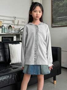 DAZY Áo len cardigan dài tay có mũ trùm đầu thêu ren cho bé gái tuổi mới lớn cho mùa xuân, quần áo trở lại trường - Xám - Xem 3