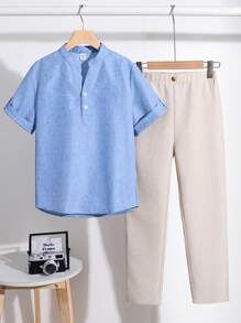 SHEIN 青少年男孩休闲短袖衬衫和长裤套装 - 藍色 - 查看 7