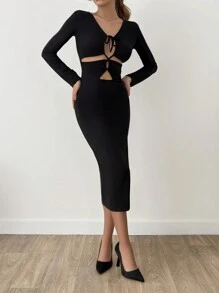 EURMUSE BLACK MIDI SEXY ELEGANT CUT OUT MIDI DRESS - Black - View 3