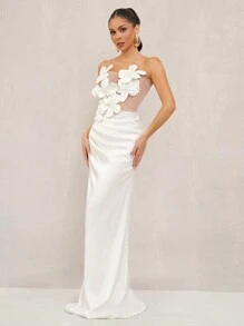Lumalex White Summer Elegant Dining Strapless Mermaid Dress For Women,Flower Decor Richly Layered Wedding Banquet Engagement Old Money Ceremony Beach Dress - White - View 7