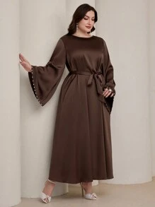 Graceveil Váy phong cách Ả Rập đính hạt ngọc trai tay loe cỡ lớn cho nữ - màu nâu - Xem 3