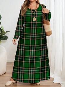 EMERY ROSE Plus Size Green Plaid Pattern Print Long Sleeve Round Neck Dress, Suitable For Spring - Multicolor - View 3