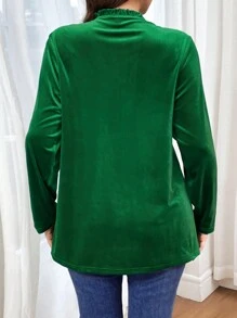 SHEIN LUNE 秋季大码女式纯色 V 领长袖休闲 T 恤 - 綠色 - 查看 2