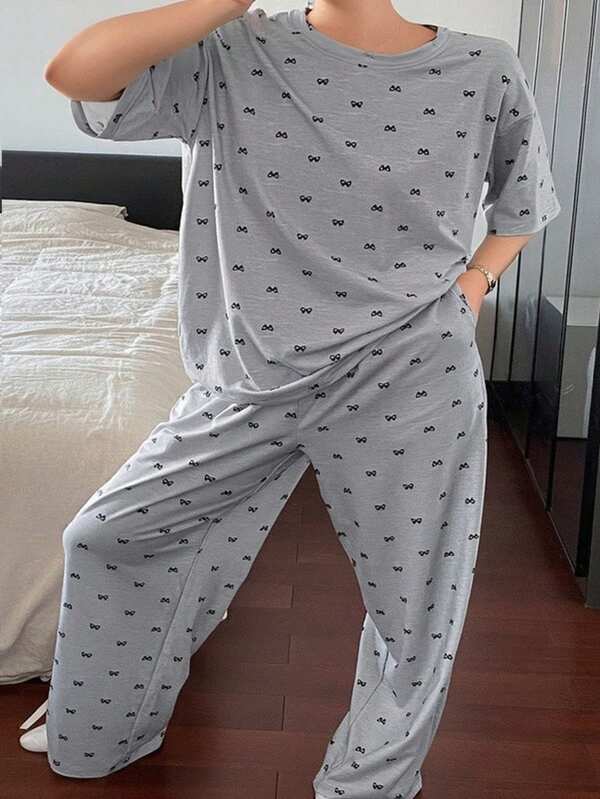 Dazy Plus Bow-Knot Print Round Neck Top And Pants Loungewear Set, All Season