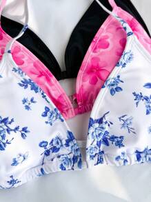 SHEIN Conjunto de 3 piezas para adolescentes: Top de bikini halter de unicolor y estampado floral diminuto
