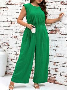 SHEIN Clasi Mono verde sin mangas con piernas anchas para mujer talla grande, casual y elegante, adecuado para uso diario, ropa de resort, ropa de verano, ropa casual de negocios, salidas, ropa de oficina, ropa de primavera, festivales, uso docente, estilo old money, 2025, mono de mujer, mono elegante de mujer, mono