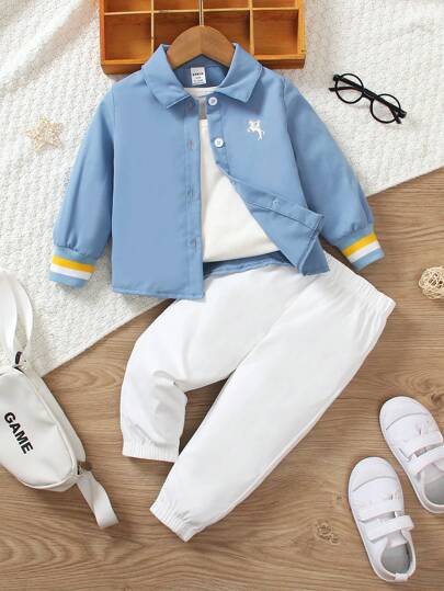 SHEIN Set de 2 piezas para niño con camisa de mangas largas con puños elegantes de estilo británico con bordado y rayas de colores, y pantalones holgados. Adecuado para fiestas de cumpleaños, eventos de noche, bodas, bautizos y primera fiesta de cumpleaños.