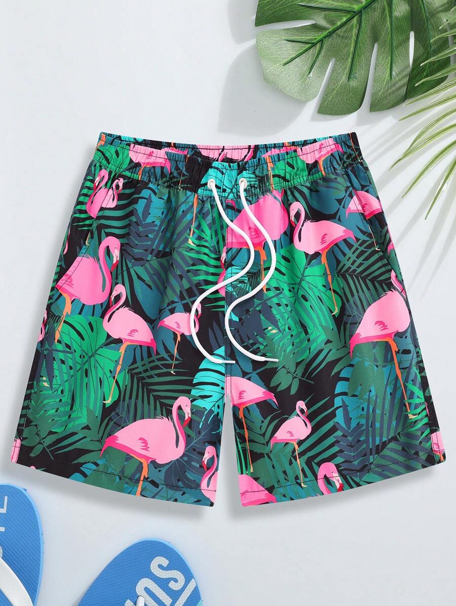 Surfspeed Men's Tropical Plant Print Drawstring Waist Beach Shorts - Green - View 1