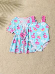 Baby Girl Casual Minimalist Short Sleeve Swimsuit, Everyday Wear - Multicolor - View 5