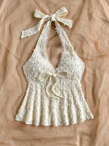 Soleia Women's Resort Knit Dotted Jacquard Textured Halter Tie Waist A-Line Vest, Suitable For Party, Date, Valentine's Day, Afternoon Tea