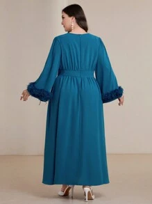 Graceveil Plus Size Long Flare Sleeve Cinched Waist Modest Maxi Dress - Blue - View 2