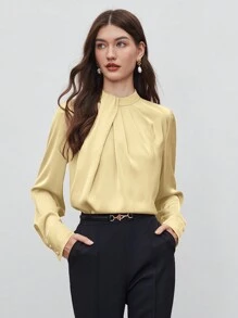 BizChic 2025年夏季新款女士百褶领衬衫，长袖，缎面面料，商务休闲，适合度假、婚礼宾客、乡村音乐节、早餐、机场、211S斯德哥尔摩风格、美国独立日