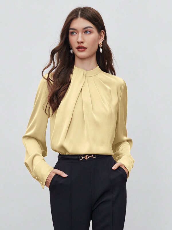 BizChic 2025 Summer New Arrival Women Blouse With Pleated Collar, Long Sleeve, Satin Fabric, Business Casual, Suitable For Vacation, Wedding Guests, Country Music Festivals, Breakfast, Airport Outfit, 211S Stockholm Style, American Independence Day