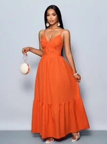 SOLERSUN Women's Romantic Orange Beach Vacation V-Neck Pleated Backless A-Line Cami Long Dress For Spring Summer Hawaii - Burnt Orange - View 3