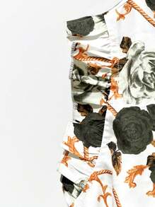 SHEIN LUNE Conjunto de 2 piezas de tallas grandes para mujer, con blusa holgada de manga corta con estampado floral vintage y pantalones rectos y sencillos, conjunto casual para primavera/verano