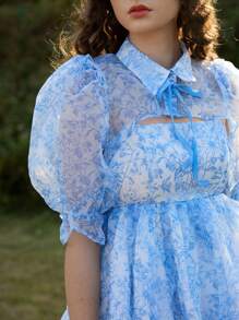 SHEIN MOD Women Floral Print 2 In 1 Tie-Up Organza Dress, Women's Blue And White Print, Organza, Two-Piece Suit, Jacket And Dress, Print Blue Dress (Without White Inside Petticoat), Retro Palace Style Puff Sleeve, Art Series,
