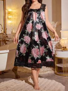 MuseNap CURVE Embroidered Delicate Lace Splicing Design Pink Floral Maxi Plus Size Dress, Faux Silk - Black - View 6