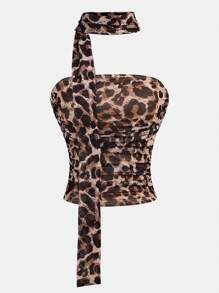 SHEIN Teen Girls Spring/Summer Multi-Color Leopard Print Bodycon Ruched Crop Top With Detachable Scarf Shawl Set - Multicolor - View 3