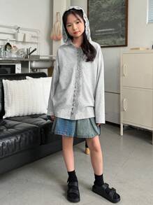 DAZY Áo len cardigan dài tay có mũ trùm đầu thêu ren cho bé gái tuổi mới lớn cho mùa xuân, quần áo trở lại trường - Xám - Xem 4