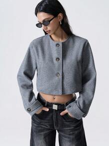 SHEIN EZwear Áo khoác nữ cổ tròn cài nút phía trước hàng ngày, mùa thu - Xám - Xem 1