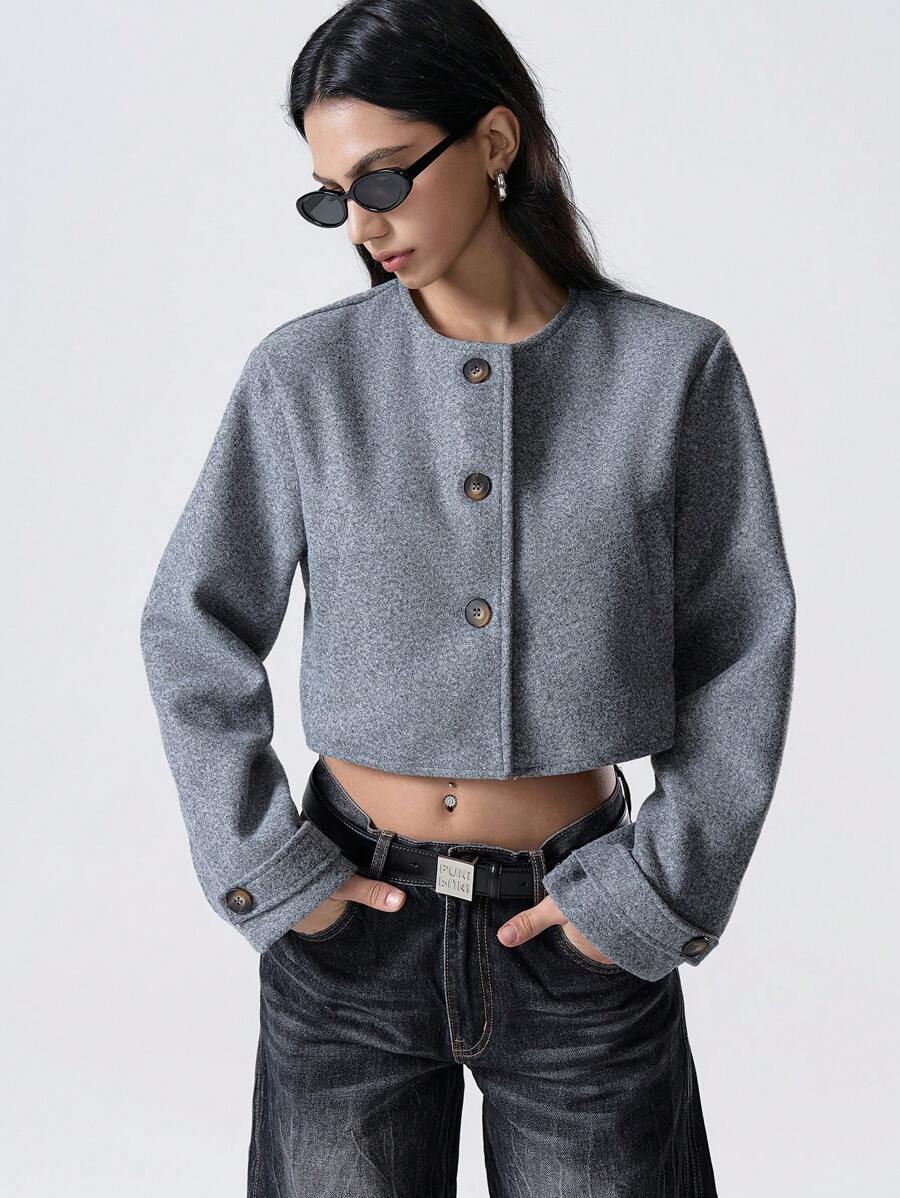 SHEIN EZwear Áo khoác nữ cổ tròn cài nút phía trước hàng ngày, mùa thu - Xám - Xem 1