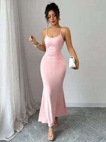 Elenzga Spaghetti Strap Square Neck Fitted Waist Elasticated Bodycon Fishtail Dress, Versatile - Pink - View 5