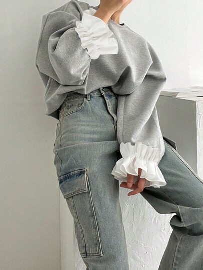 SHEIN EZwear Damska bluza z okrągłym dekoltem i mankietem z falbanką, luźny krój, na zakończenie szkoły, dla nauczycieli, na jesień