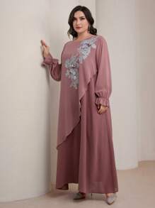 Graceveil 大码女式灯笼袖雪纺覆盖重磅刺绣休闲宽松中长连衣裙