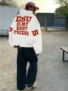 Men's Slogan Graphic Print Long Sleeve Casual Hoodie - White - View 4