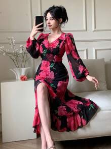 DAZY V-Neck Lantern Sleeve Slit Floral Mid-Length Women Dress Prom Dress Elegant,Ruffle,Fall Dress Long Sleeve Dress Easter Maxi Dress - Red - View 1