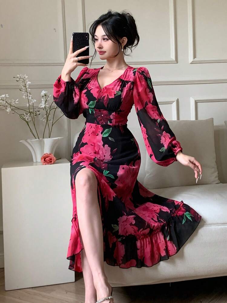 V-Neck Lantern Sleeve Slit Floral Mid-Length Women Dress Prom Dress Elegant,Ruffle,Fall Dress Long Sleeve Dress Easter Maxi Dress