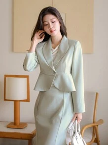 DAZY Bộ vest và chân váy màu trơn ôm dáng dành cho nữ, trang phục công sở mùa thu, lễ Phục sinh. - màu xanh lá - Xem 3