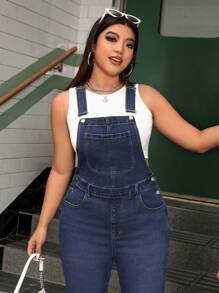 SHEIN ICON Plus Size Medium Wash Denim Casual Long Overalls With Pockets And Adjustable Straps