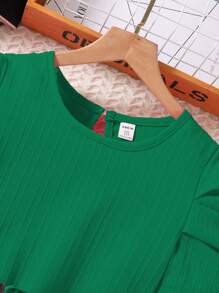 SHEIN Vestido casual para niña preadolescente de manga abullonada y cuello redondo en unicolor - Verde - Ver 6