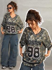 SHEIN Teen Girl Retro Street Spring And Summer,New V-Neck Camouflage Print & Letter Oversized Casual T-Shirt - Multicolor - View 1