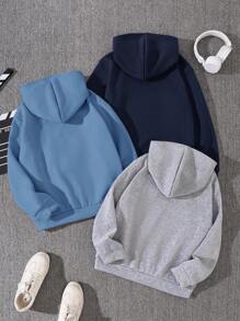 SHEIN 3pcs/Set Tween Boy Casual Letter Graphic Hooded Sweatshirts, Navy, Smog Blue, Gray Versatile For Commuting, School, Daily Casual, Sports