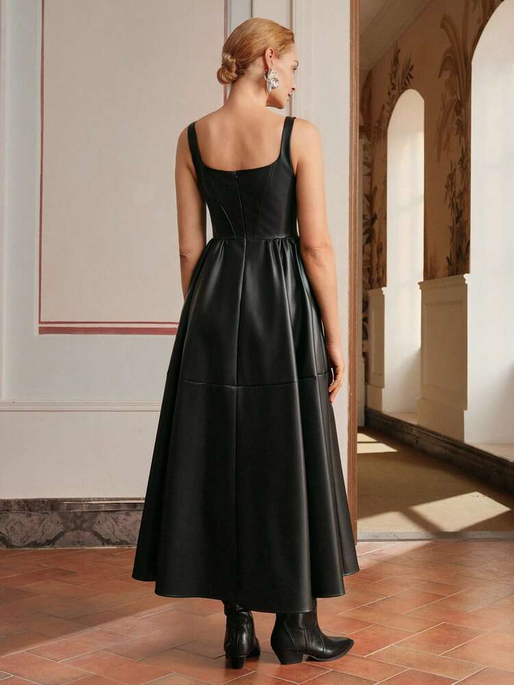 Anewsta Elaire Vestido camisero largo plisado de talle alto y gran tamaño, de piel sintética, estilo "Dinero Viejo"